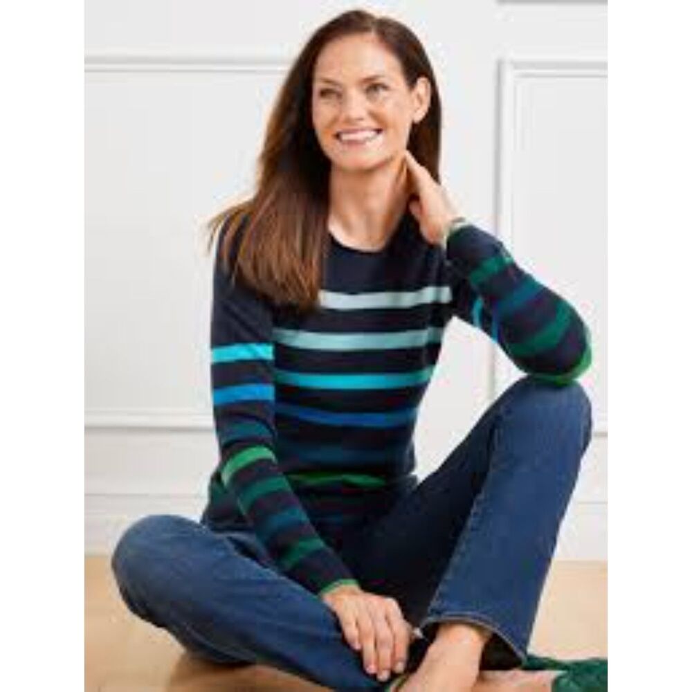 Talbots Size MEDIUM Cashmere Crewneck Stripe Sweater Blue NWT
